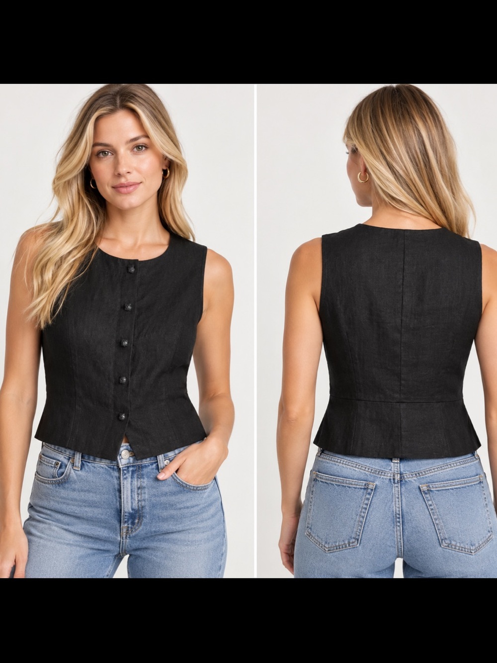 100% Linen Black Vest Size 1 (S) Comme Il Faut Designer Snap Front